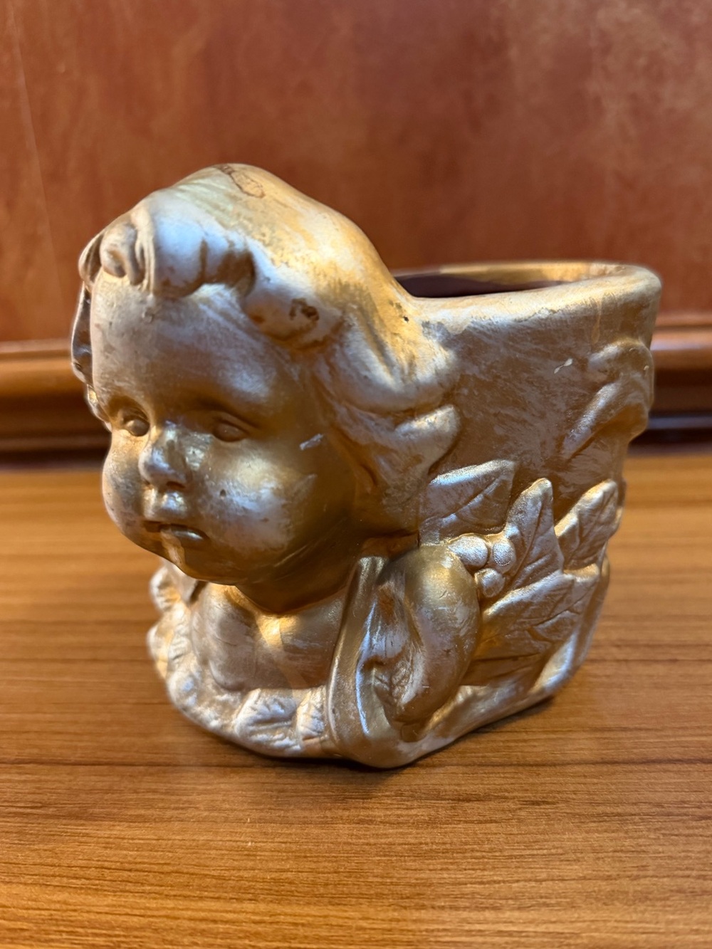 Vintage Gold Ceramic Cherub Planter Angel Face Cup Putti Succulent Pot 4”x4.5”